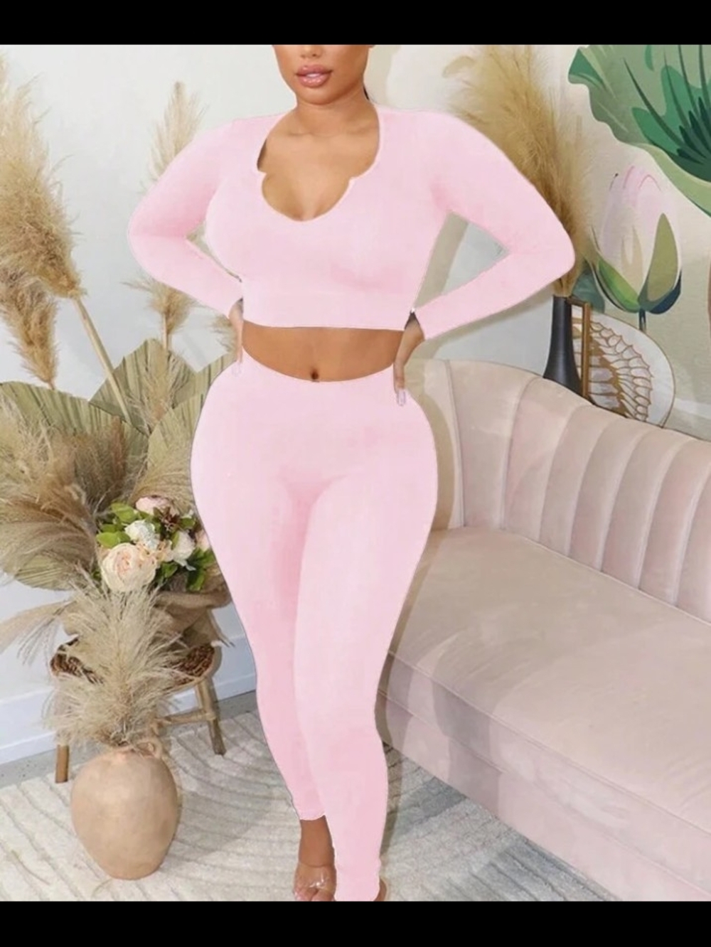 Light Pink Two-Piece Crop Top & High-Waist Leggings Set